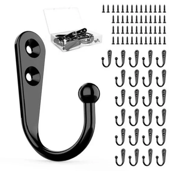 30 Pcs Black Coat Hat Towel Key Cup Wall Hooks with Screws Bulk Set ZE0691‎