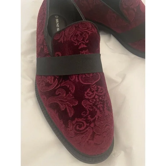 Bruno Marc Men's Dress Shoes Size 12 Red Wine Slip‎ On Tuxedo Velvet Loafers