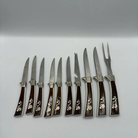 Vtg Knives Sheffield English Blades 10 Pc Golden Prestige Cutlery Floral