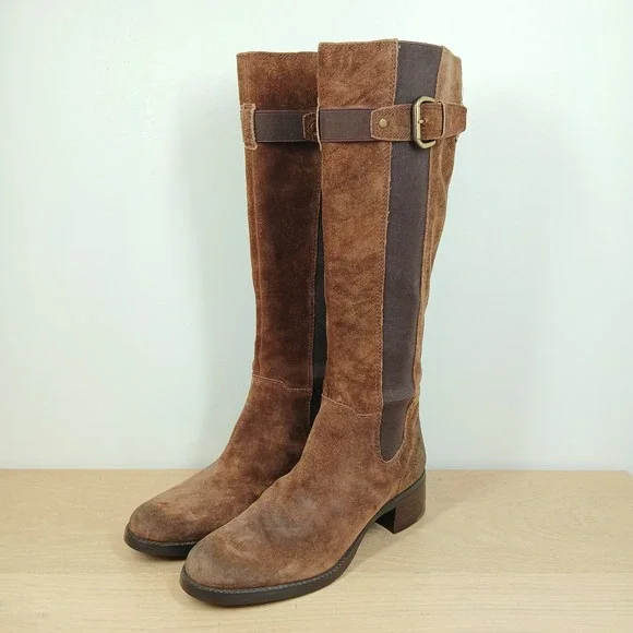 Franco Sarto Women's 7 Brown Suede Tall Riding Boots Buckle Stretch Calf