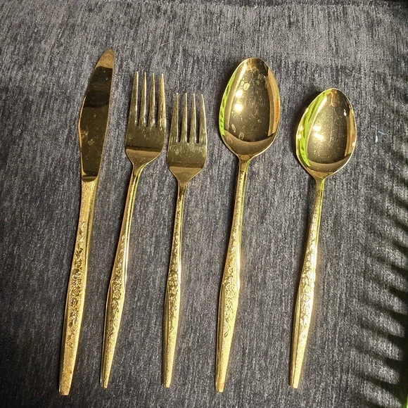 VTG J H Carlyle Golden Bouquet Flatware 5 Pc Place Set Electroplate Golden Ware