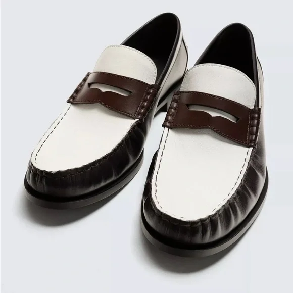 Zara Leather Two Tone Penny Loafers Brown White Preppy Old Money NWT 41 EU 8 US