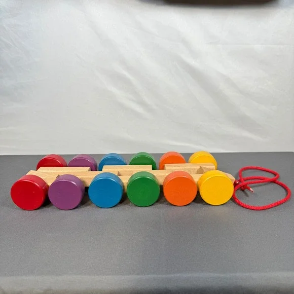 Handmade Wooden Pull Toy‎ Rainbow Colors Rolling Cars Kids Toddler Educational