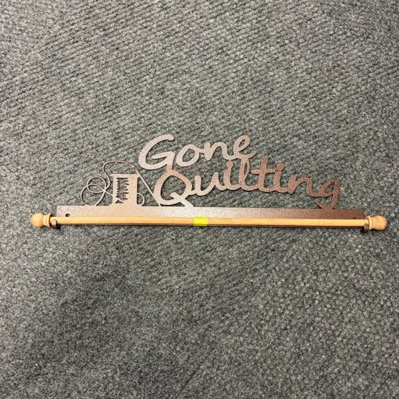 Gone Quilting Metal Wall Quilt Hanger 18 Inch Copper Tone Sign with Wood Dowel