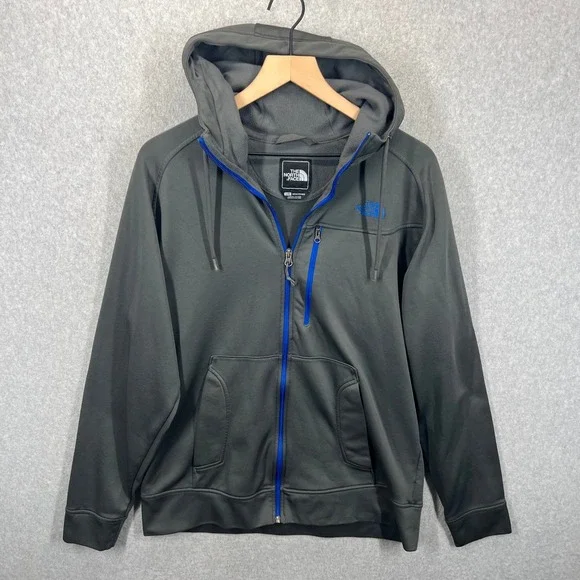 The North Face‎ Full Zip Hoodie Mens Large Gray Blue Trim Fleece Lined EUC