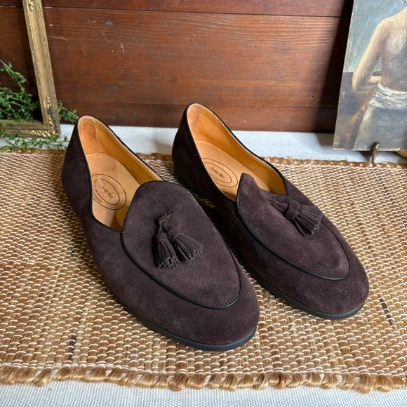 Journey West Brown Suede Leather Belgian Tassel Loafers Men's Size 13M