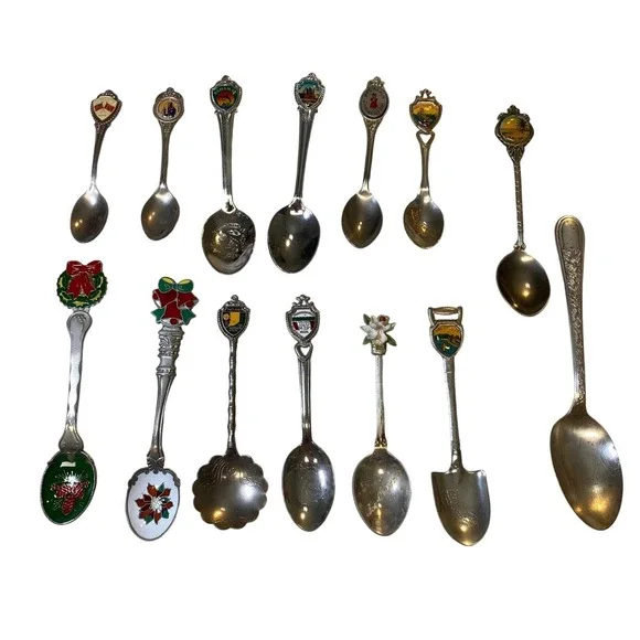 Vintage Souvenir Spoon Lot 14 Pc Enamel Travel Aruba SF LA Niagara Falls