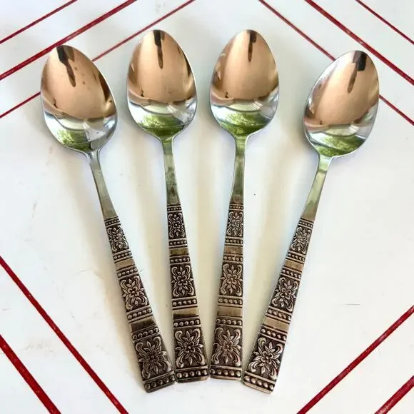 Vintage Tremont Japan Floral Teaspoons Set of 4 MCM Stainless Flatware