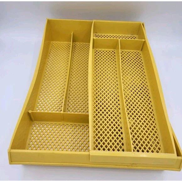 Vintage Silverware‎ Holder With Sliding Removable Top Rack Yellow Plastic Retro