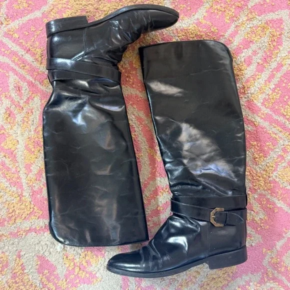 VTG Charles David Black Leather‎ Riding Boots Made in Italy Knee High - 7.5