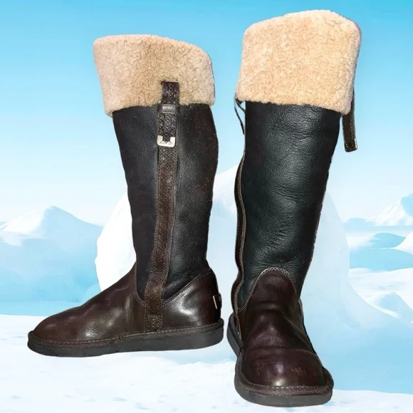 UGG Brooks Tall Boots Brown Leather Shearling Lined Flat Moto Style Women’s 6