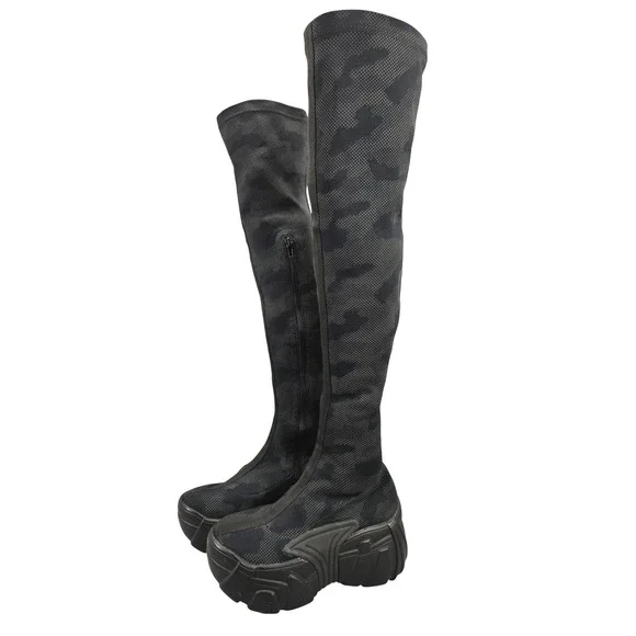 Dolls Kill Club Exx Camo Print Over The Knee Platform Boots Black Chunky Sole 6