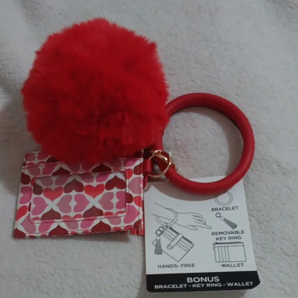 Red Pom Pom Keychain Bracelet with Card Holder