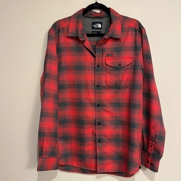 The North Face Shirt Long Sleeve Button Up ThermoCore Flannel Red Gray Plaid LRG