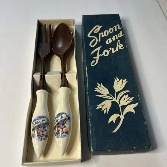 Vintage 1970's Florida Souvenir Wood & Ceramic Spoon And Fork Set Original Box