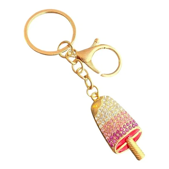 Women's Gold Tone Pink Rhinestone Popsicle Charm Key Chain 4