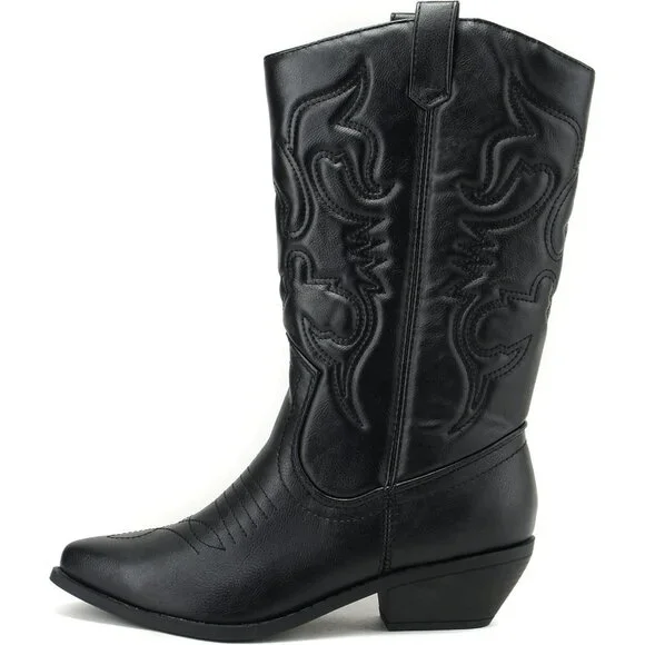 ✨ Women Black Reno Western Cowboy Pointed Toe Knee High Pulls On Tab Boots