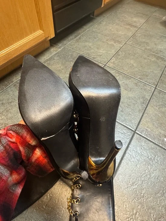 Black Leather Knee-High Stiletto Boots with Gold Chain & Toe Cap US 8
