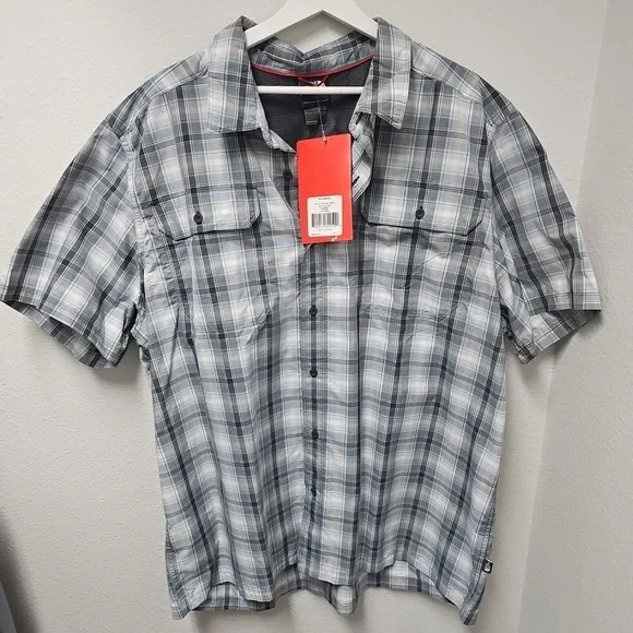 The North Face Shirt Mens XXL Pine Knot Grey Woven Plaid‎ Button Up Short Sleeve