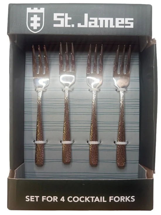 St. James Masonry Cocktail Forks Set of 4 Hammered Silver Stainless NIB 18/0