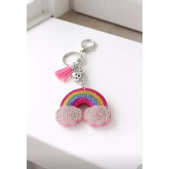 Rhinestone Pink Colorful Rainbow Bag Charm Key Chain New