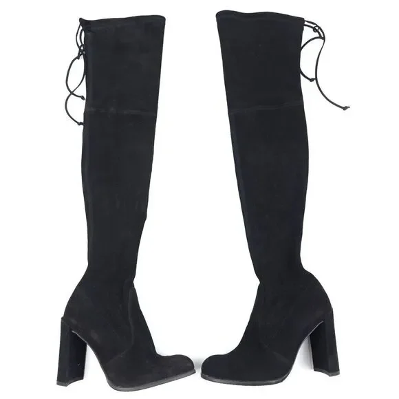 STUART WEITZMAN Tieland Over the Knee Boots Black Suede Leather Clean Girl 8