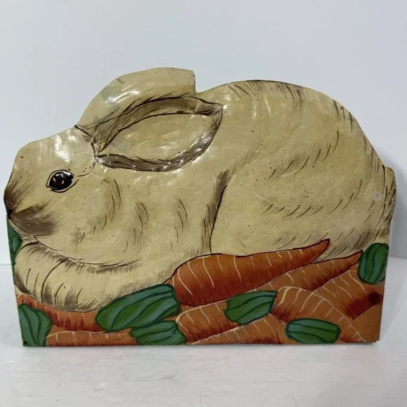 Vintage Toleware Hand Painted Folk Art Bunny Rabbit Wall Hook‎ Panel 2 Hooks.