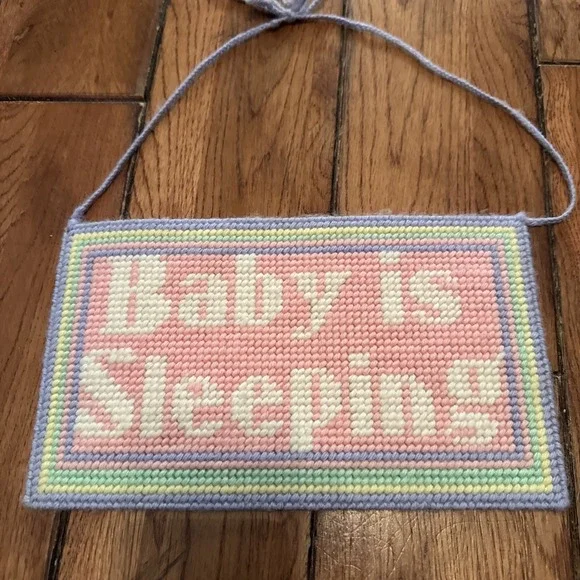 Vintage Needlepoint Handmade‎ Baby Is Sleeping Hanging Sign 70s Nursery Decor