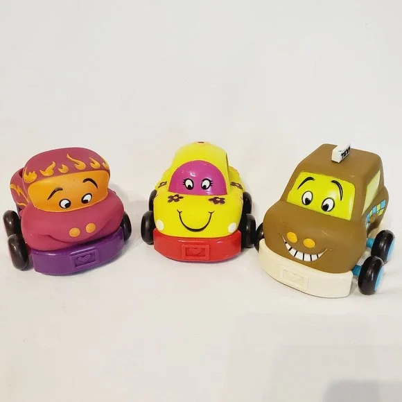 B. Toys Wheeee-ls! Soft Pull Back Toy Cars Set of 3 Magenta Yellow Brown Taxi
