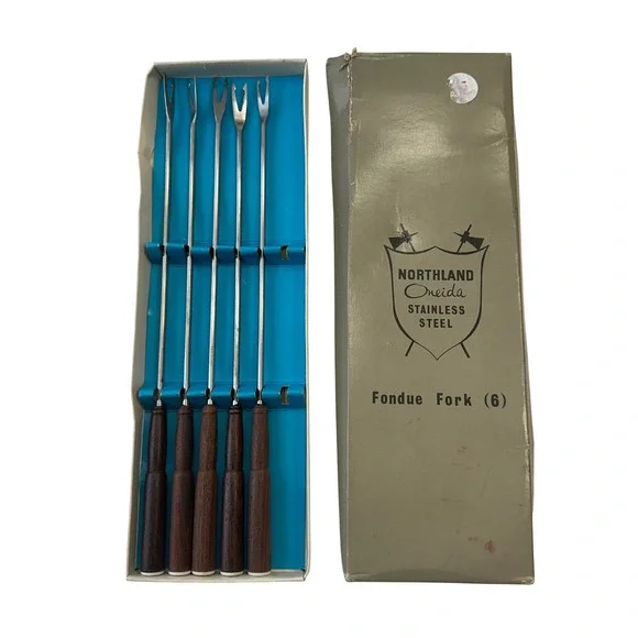 Vintage Northland Oneida‎ Fondue Forks Set of 5 Stainless Steel Wood Handles