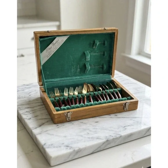 Vintage Thailand Brass and Teakwood Flatware 8 pc. Place Setting With Wooden Box