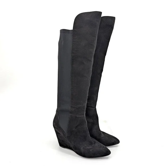 Charles David Womens‎ Black Suede Stretch Over The Knee Wedge Boots 7.5