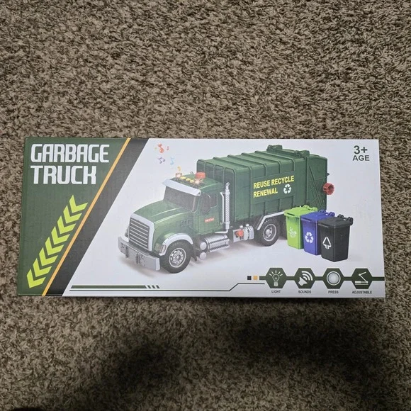 Bstoyder Green Garbage‎ Truck Toy with Lights Sounds and 3 Trash Cans New in Box
