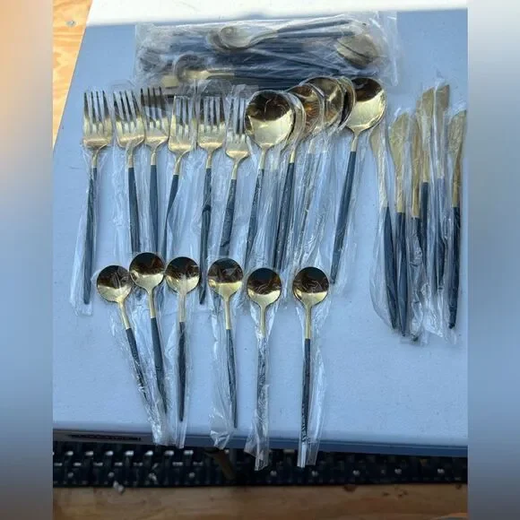 12 place setting Elegant Gold and Black Cutlery Set