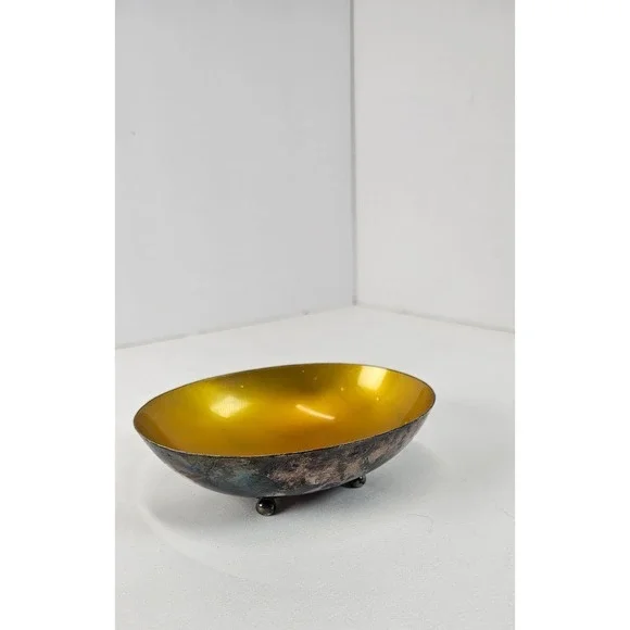 Mid Century Reed & Barton Silverplate‎ Bowl Gold Wash Yellow Enamel Footed Dish