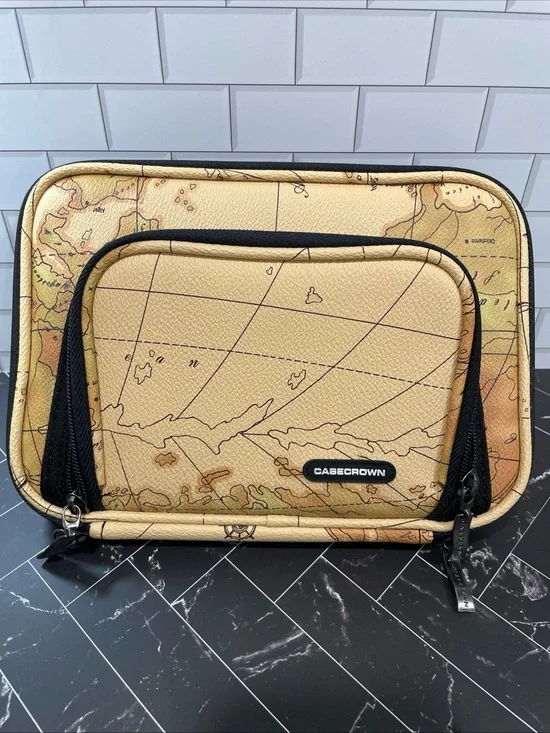 Crown Map-Print Travel Pouch in Beige and Black