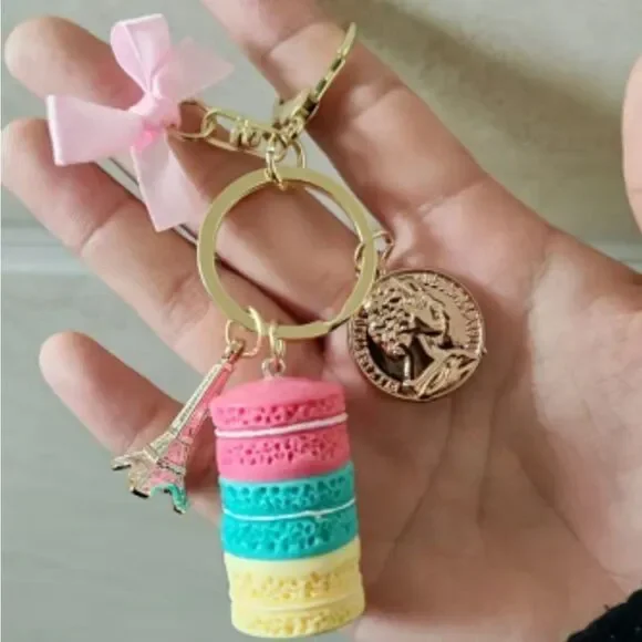 Charming Macaroon Keychain with Eiffel Tower Charm
