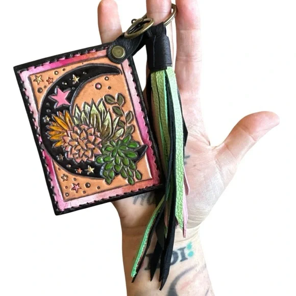 Artisan Handmade Western Southwest Leather Card Holder Moon Cowgirl Wallet