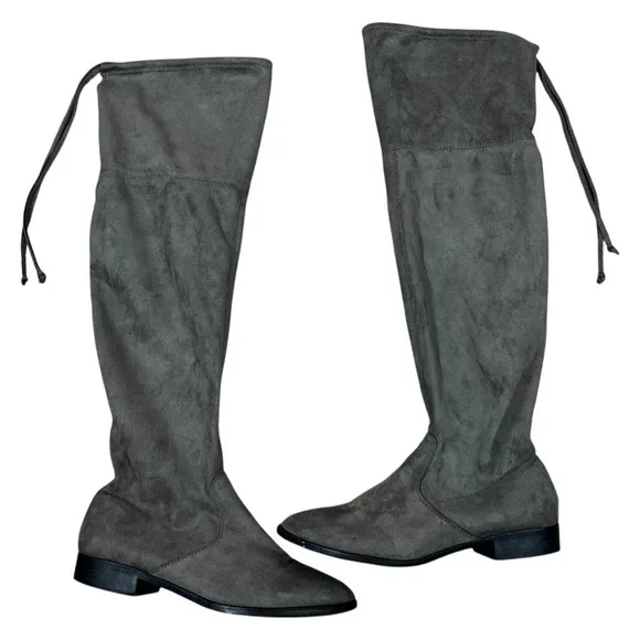 Womens Over The Knee Solid Boots Gray Boho Faux Suede Tie Back Size 8.5