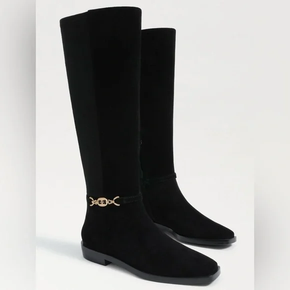 Sam Edelman Women's Clive Gold Buckled Black Velvet Riding Boots Size 8.5‎