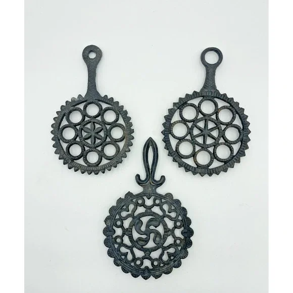 Vintage MCM  Set of 3 Black Cast Iron Trivets Wall Hangings Round Stars