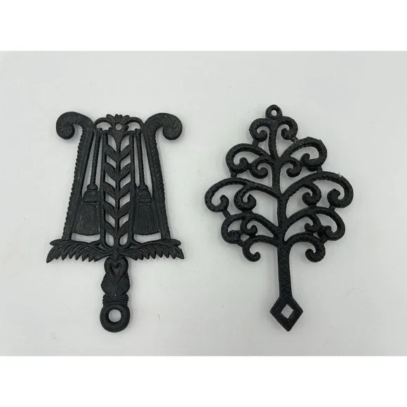 Vintage MCM  Set of 2 Black Cast Iron Trivets Wall Hangings Tree Brooms
