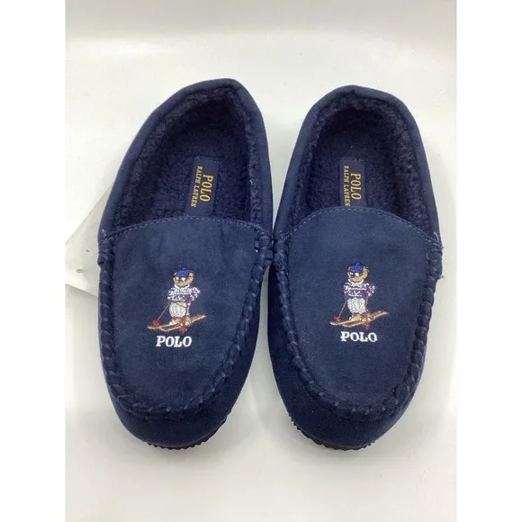 Polo Ralph Lauren Mens Navy Blue Skiing Polo Bear Moccasin Slippers Size 6 NEW
