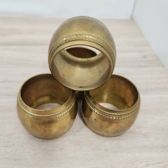 Hammered Brass Napkin Rings Wide Beaded Accent Set Of 4