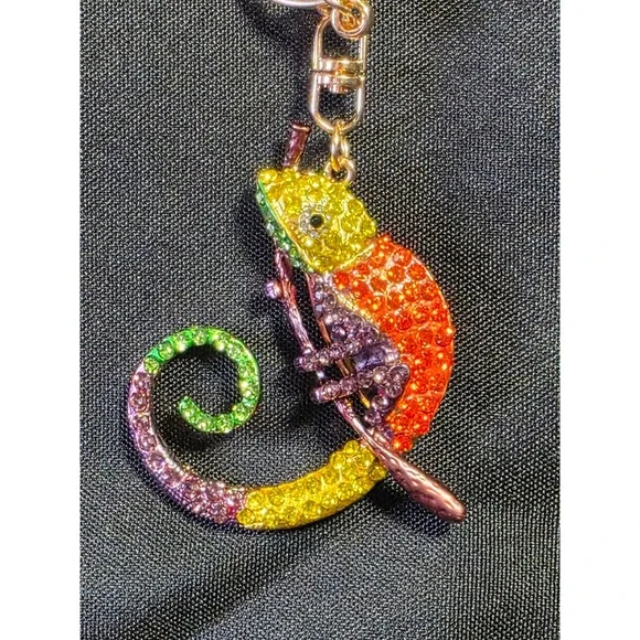 Rhinestone Chameleon Keychain Rainbow Gem Encrusted Bag Charm Rose Gold Tone