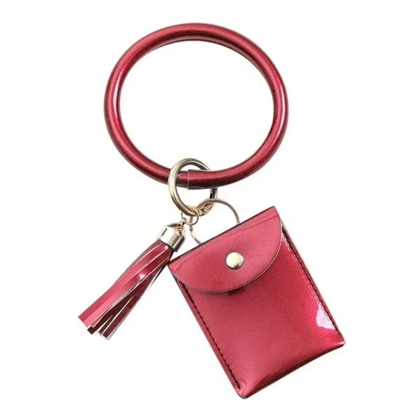 Women's Keychain Bracelet‎ Card Holder Tassel Wristlet Red Glossy PU Leather