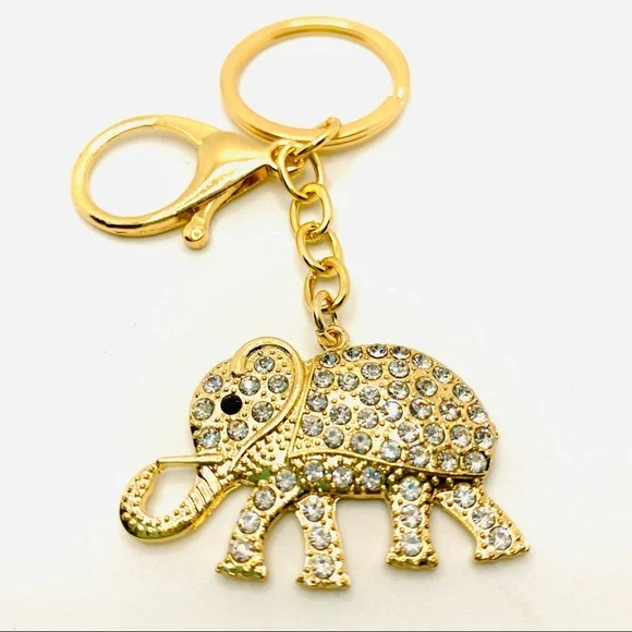 Purse Charm Keychain Elephant Crystal set in Golden Tone.