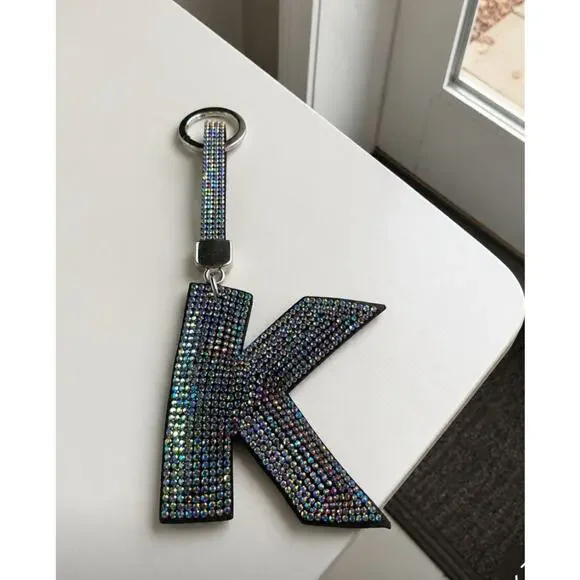 Black Colorful Rhinestone Initial Letter K Bag Charm Key Chain New