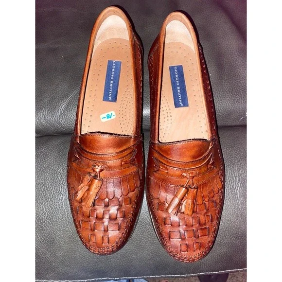Giorgio Brutini Mens Leather‎ Tassel Loafer Shoes Brown Woven Size 10