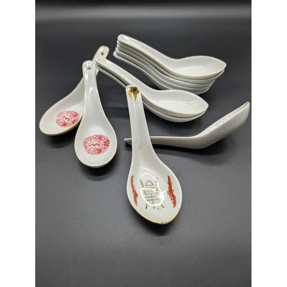 11 Set Vintage Porcelain‎ Soup Spoons Miso Ramen Dumplings Golden China Taiwan